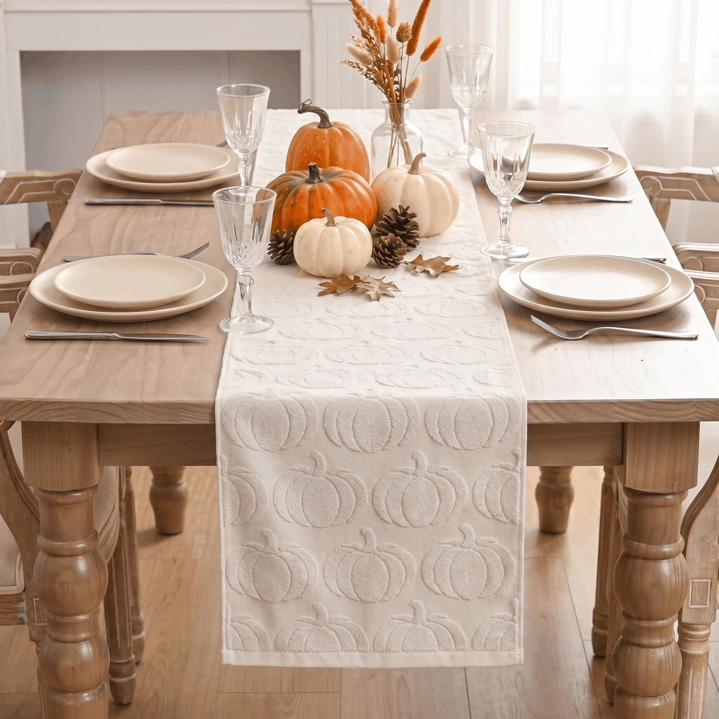Artoid Mode Beige Soft 3D Jacquard Pumpkin 100% Cotton Fall Table Runner, Autumn Thanksgiving Holiday Kitchen Dining Table Decoration for Home Party Decor 13x72 Inch