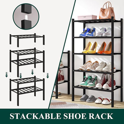 Smiry Small Bamboo Shoe Rack, 4 Tier Free Standing Wooden Shoe Organizer, Stackable Wood Shoe Storage Shelf for Closet, Entryway, 12 Vertical Slats, 2+2 Stack Standard Legs, 17.3"x11"x26", Black