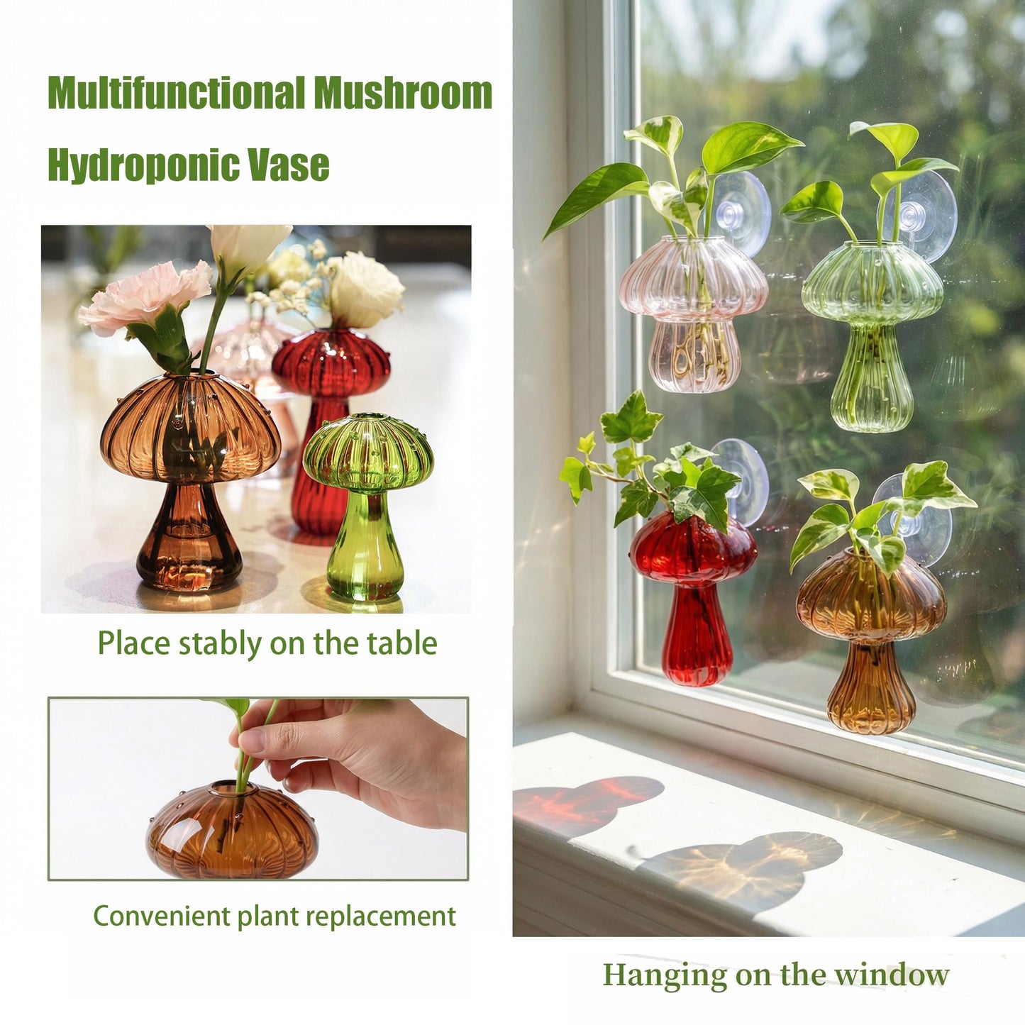 Window Propagation Stations, Propagation Vases, Colored Mushroom Glass Vases with Suction Cups, Nail-Free Easy-Install Wall-Mounted Planters, Plant Lover Gifts (4-Pack)
