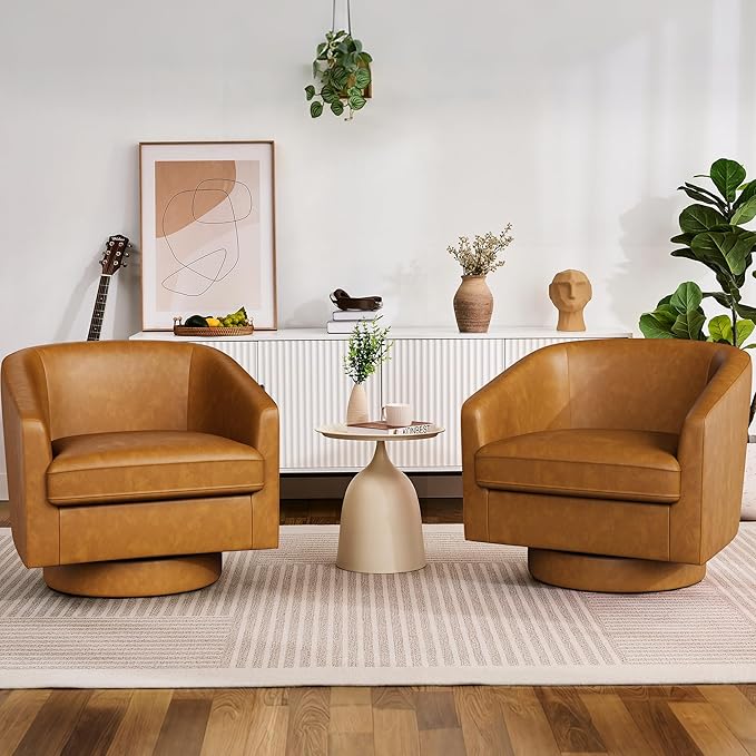 Swivel Barrel Accent Chairs Set of 2, Round Faux Leather Living Room Arm Chairs