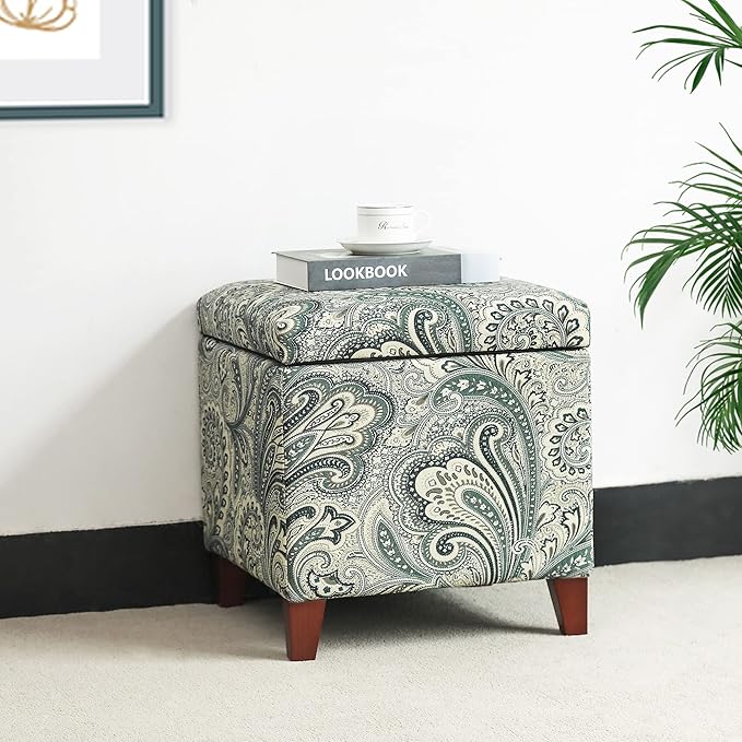 Adeco 18" Cube Storage Ottoman in Blue Paisley, Upholstered Linen Foot Stool &