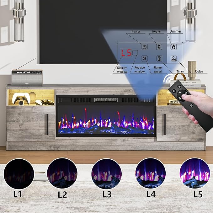 PRETZI Fireplace TV Stand with 36" Fireplace Up to 80" TVs, Remote Control