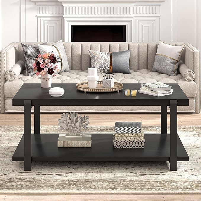 FOLUBAN Black Coffee Table, Modern Rustic Wood Center Table