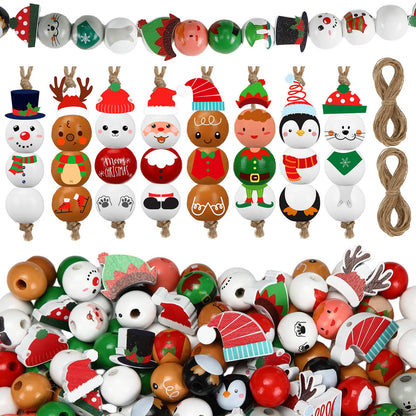 Geelin 300 Pcs Christmas Wood Beads with Twine - Santa Gingerbread Snowman Winter Animals Wooden Round Bead for Hanging Ornaments DIY Crafts Garland Holiday Tree Decor(Classic Christmas)