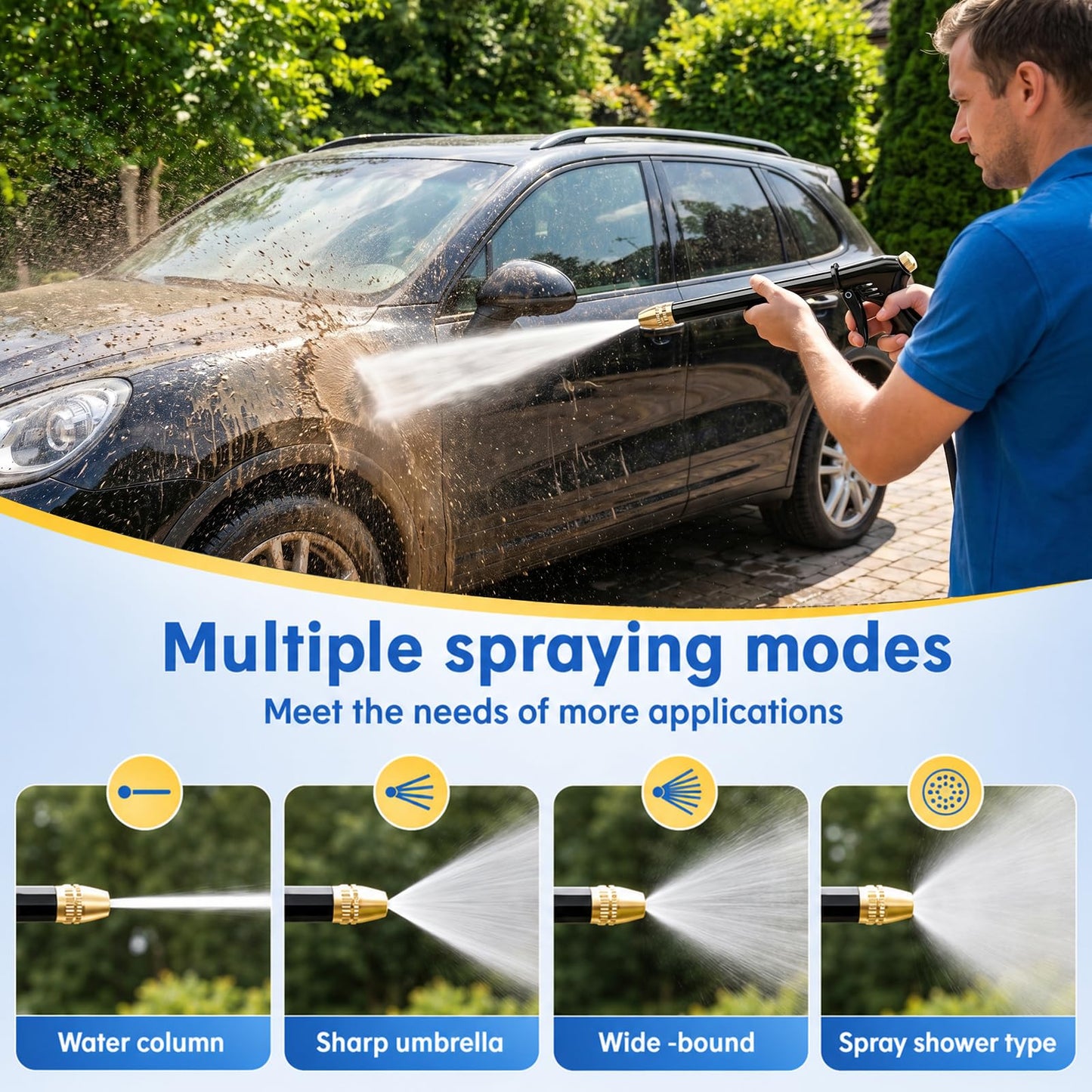 Turn Any Hose Into A High-Pressure Water Jet,Heavy Duty Garden Hose Nozzle,Multi Function Lawn & Garden Watering Sprayer,Spray Nozzles for Cleaning Yard Pets Car,Three Spray Modes with Foam Pot(set)