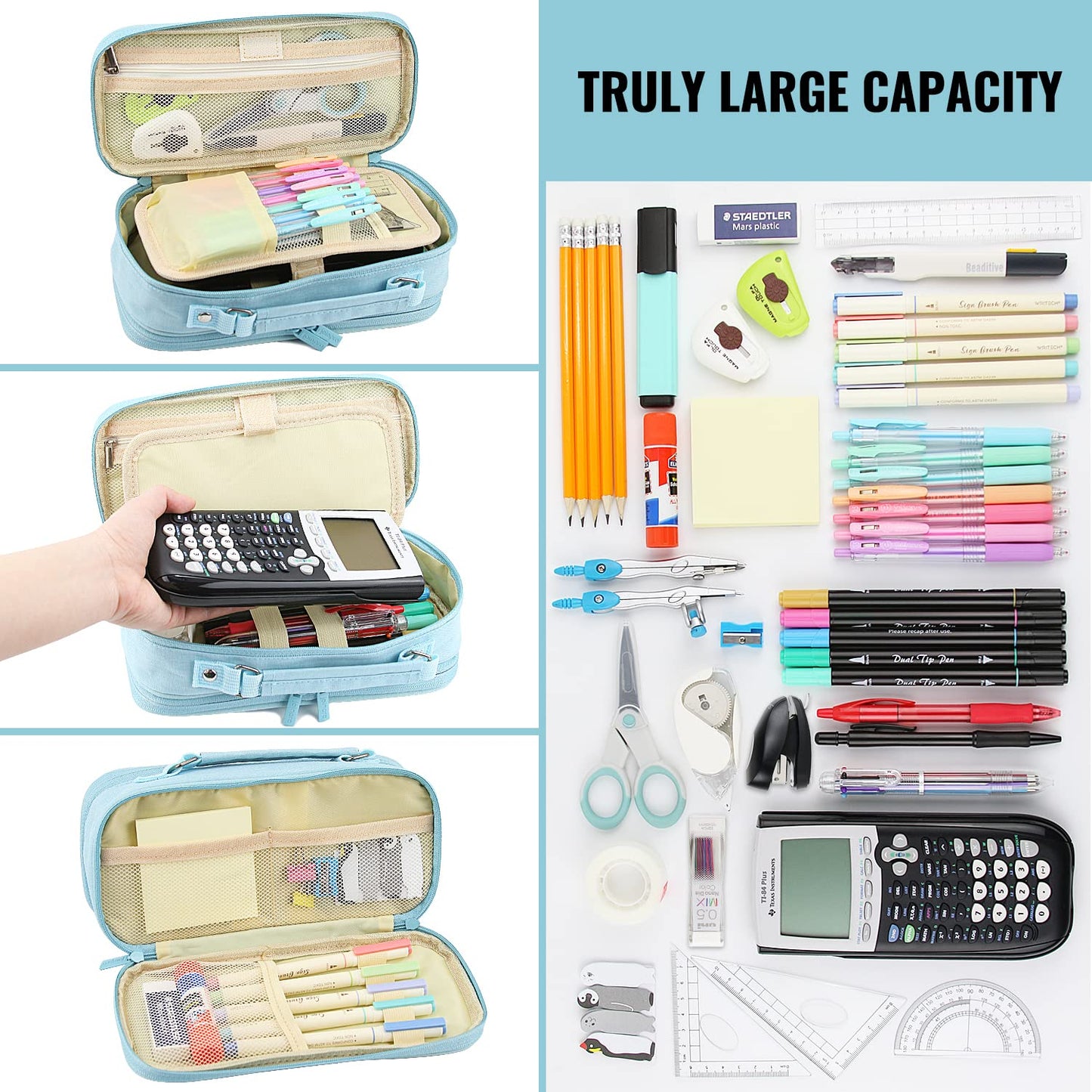 JOINPRO Large Capacity Pencil Case, 4 Compartment Pen Pouch Organizer with Double Zipper, Storage Bag for School, Office, Teen Girl Boy Men Women (Light Blue)