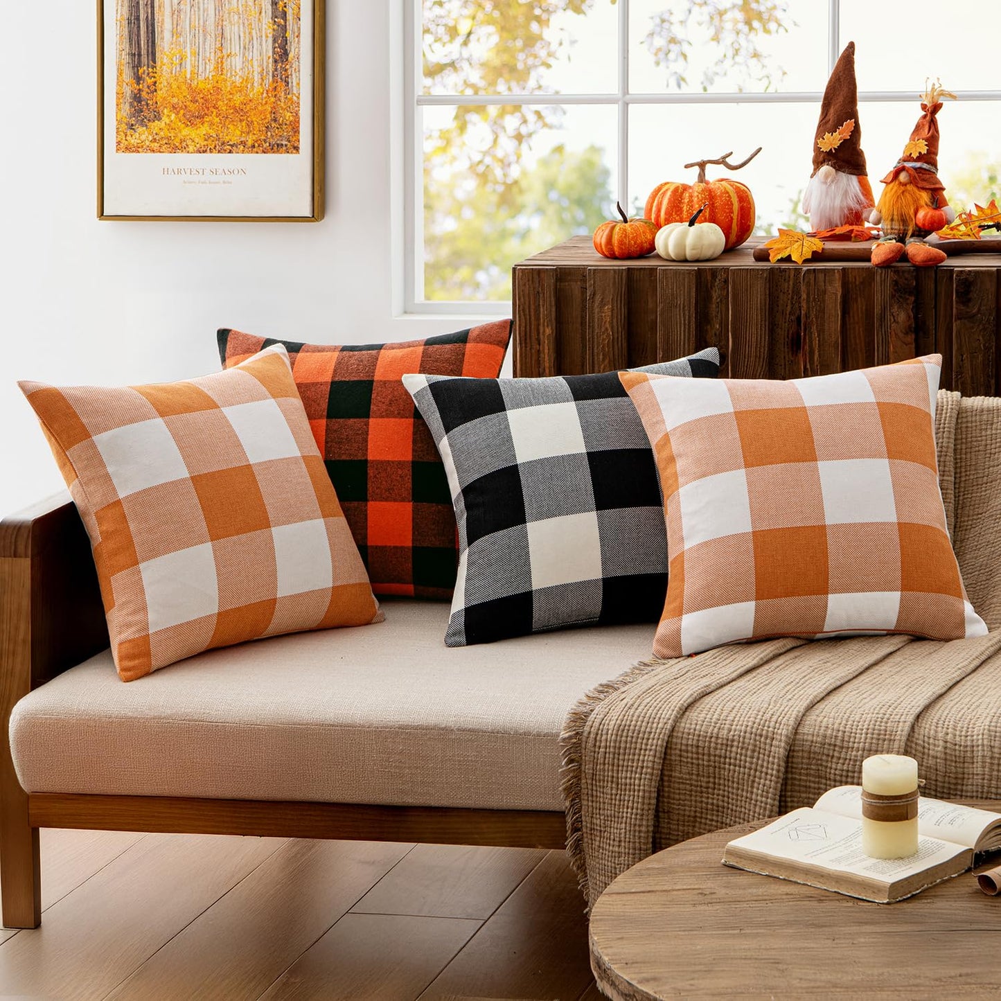 MIULEE Fall Throw Pillow Covers Halloween Decorations Pack of 2 Buffalo Check Farmhouse Plaids Polyester Linen Outdoor Cushion Case for Sofa Couch Orange and Black 18 x 18 Inch 45 x 45 Cm