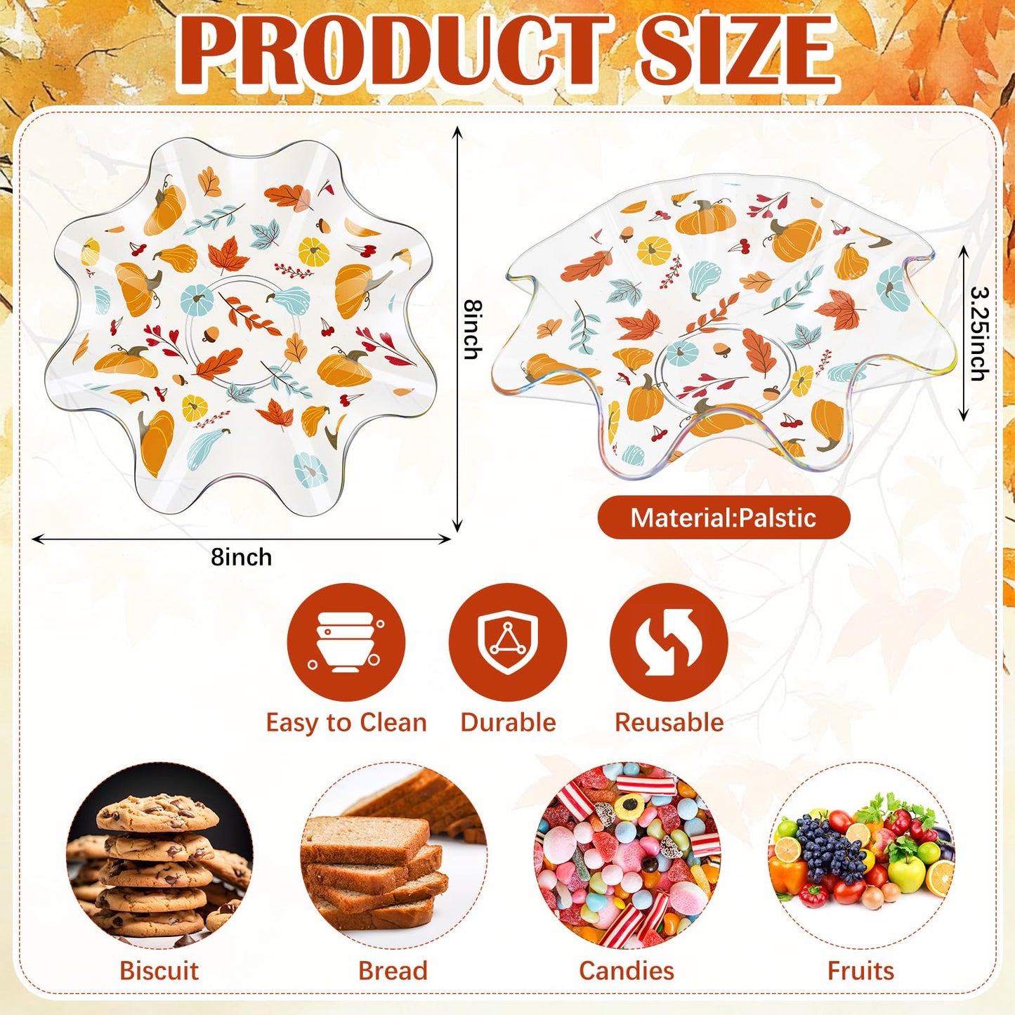 Tioncy 4 Pcs Thanksgiving Plastic Bowls 8 Inch Fall Pumpkin and Autumn Maple Leaves Candy Bowl Reusable Serving Dish for Snack Fruit Holiday Tableware for Thanksgiving Fall Harvest Parties