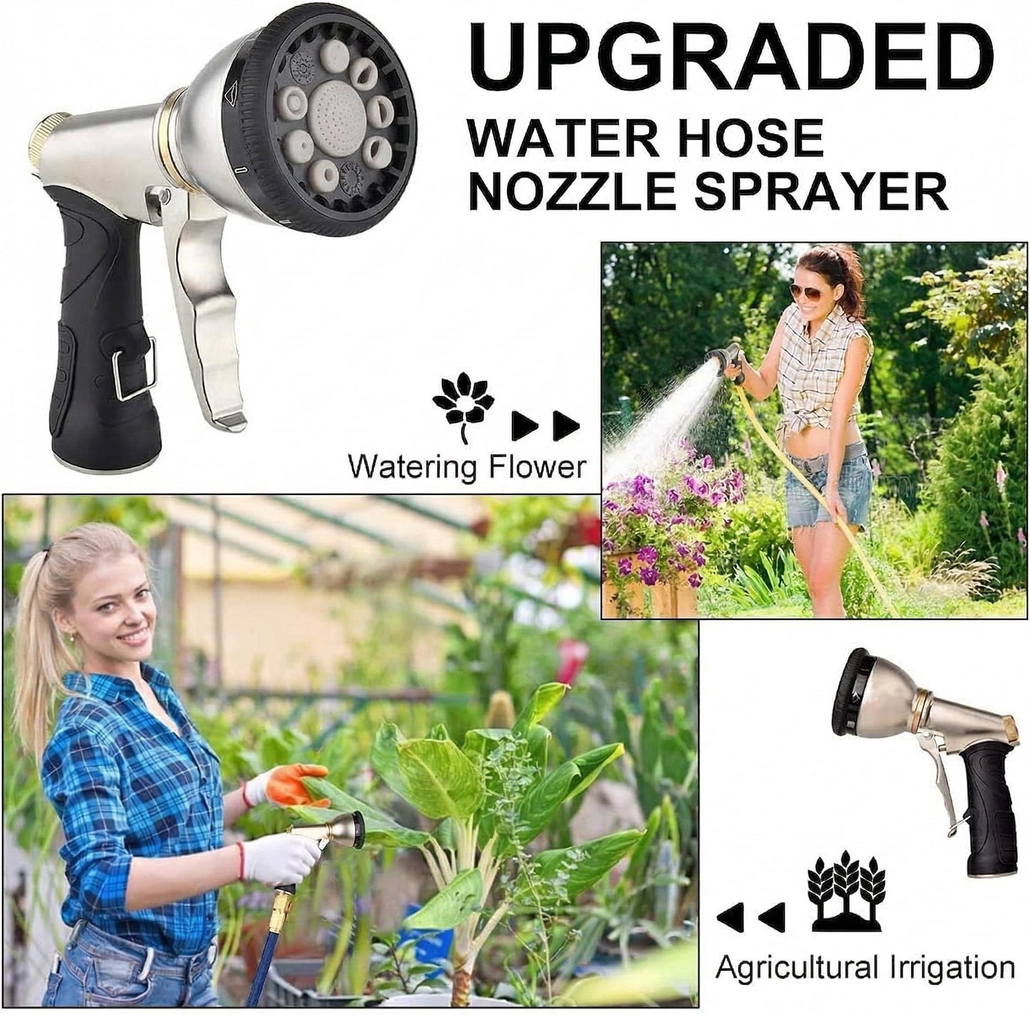 Garden Hose Nozzles 9 Adjustable Patterns Hose Spray Nozzle Heavy Duty Metal Hose Nozzle Spray Slip Resistant Water Sprayer for Cleaning/Watering Lawn Garden/Pets Shower/Car Washing (Gray)