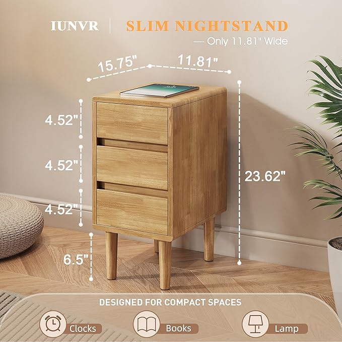 Nightstand with 3 Drawers Narrow Night Stand Solid Wood Bedside Table Mid