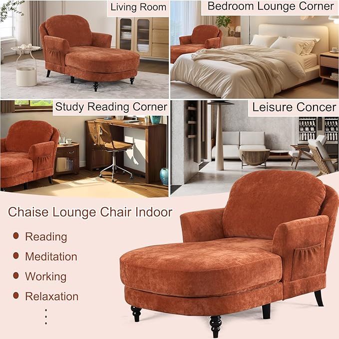 Chaise Lounge Chair Indoor, 59.8"Oversized Couch Reading Chairs, Chenille
