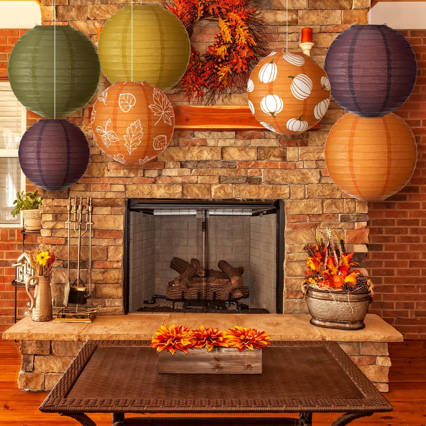 Bencailor 16 Pcs Thanksgiving Paper Lanterns Fall Party Paper Lanterns Dark Orange Pumpkin Round Thankful Maple Leaves Hanging Party Decorations for Autumn Harvest Outdoor Decor