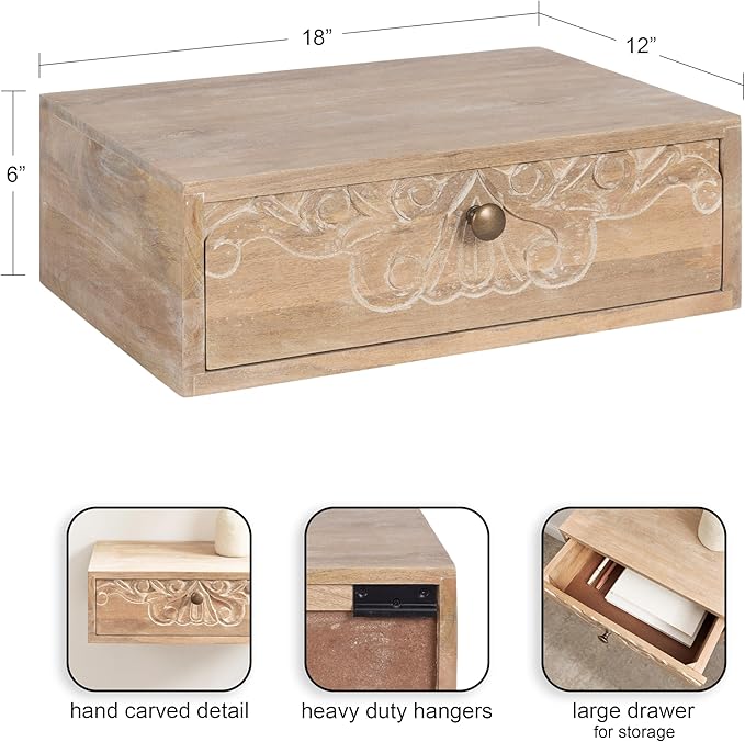Kate and Laurel Mirza Transitional Carved Wood Floating Side Table, Natural Wood