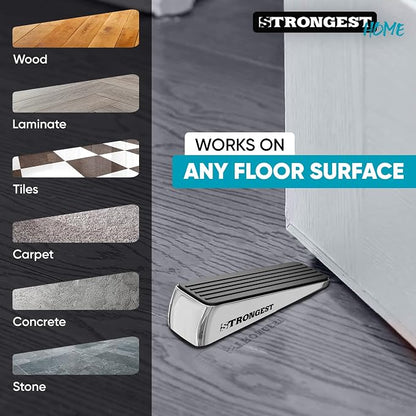 STRONGEST HOME Stoppers for Bottom of Door – Heavy Duty Metal Rubber Door Stopper, Non-Slip Door Stop for Heavy Doors, Works on Wood, Tile & Carpet Floors Wedge Chrome 6 PCs + 6 White Wall Protectors