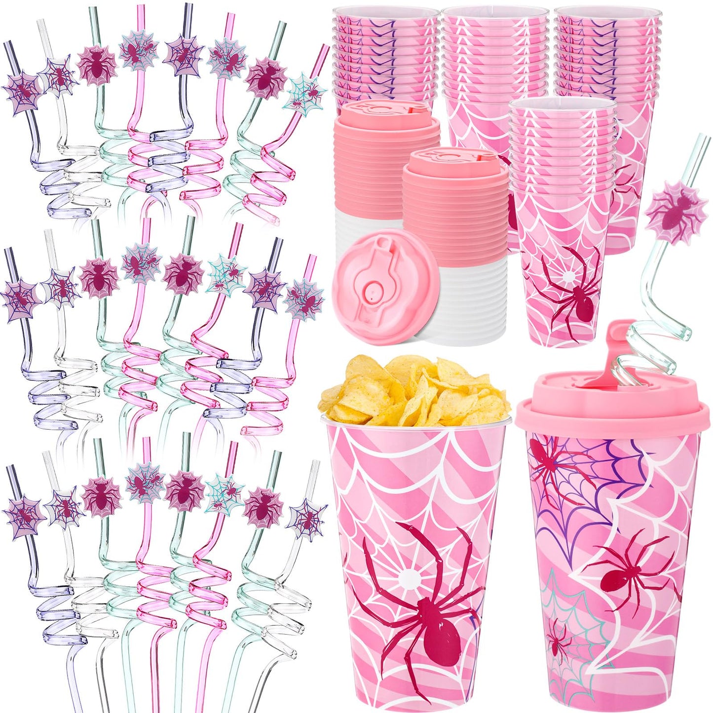 Yungyan 16 Sets Pink Spider Ghost Party Favors Goodie Cups with Lids and Straws for Halloween Party Decorations Reusable 16oz Plastic Candy Cups Plastic Straws for Birthday Gift (Pink Spider)