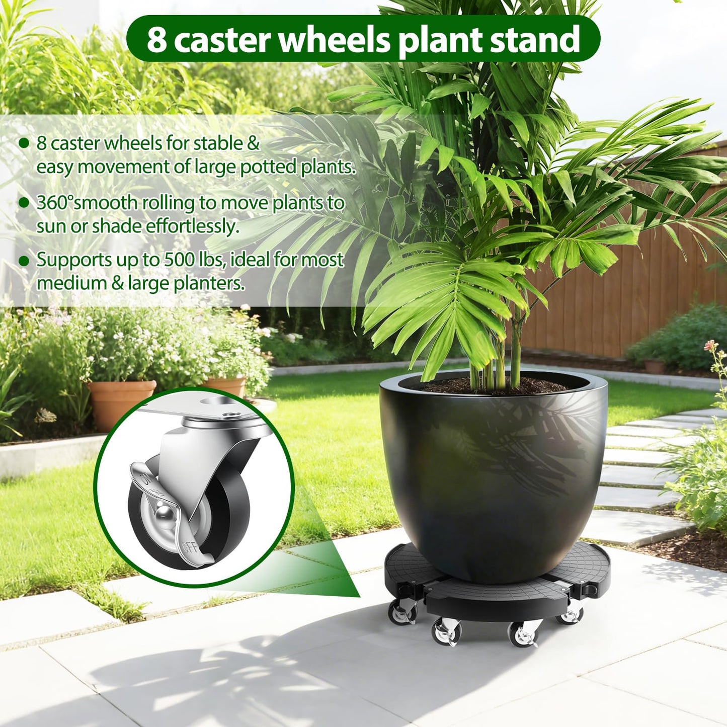 ZORVIO Plant Stand With 8 Locking Wheels,15-21In Adjustable Rolling Plant Stands General Large Plant Rolling Tray Indoor Outdoor 500Lbs Plant Caddy With Caster Wheels,Black Plant Stand Indoor