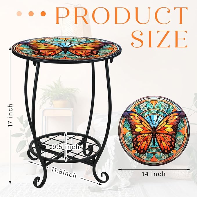 Cinnvoice Outdoor Side Table Round Small Mosaic Patio Accent Indoor End Plant