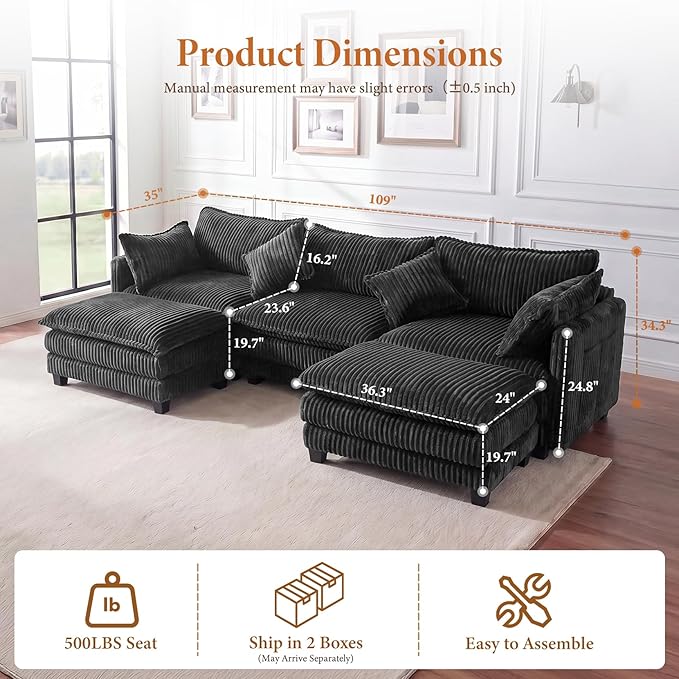 Vesgantti 109" U Shaped Cloud Sectional Sofa, Comfy Corduroy Upholstered