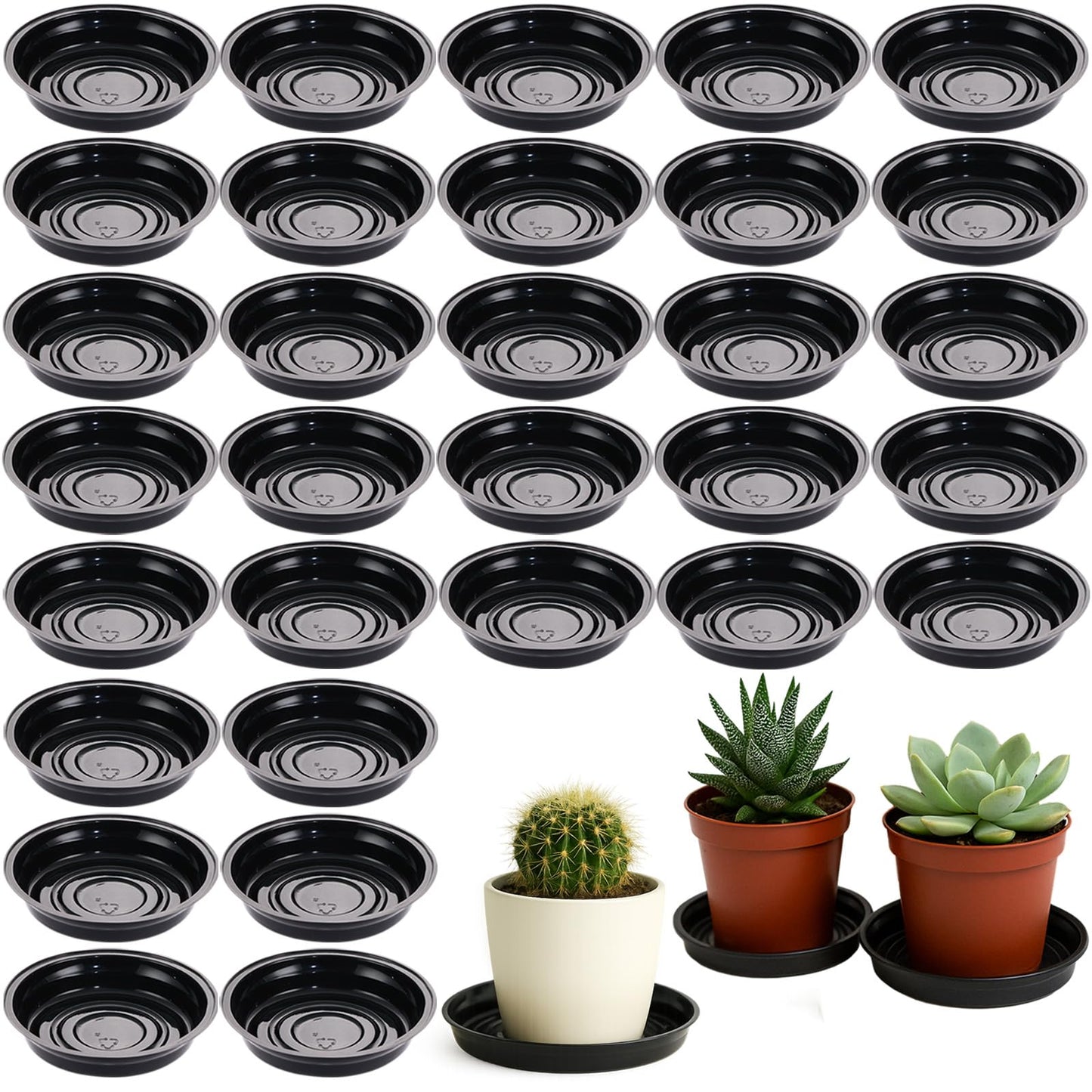 30 Packs 4 Inches Small Plant Saucers for Indoor Outdoor Use Heavy Duty Plastic Plant Plate Dish for Planter Bulk Round Flower Pot Drip Trays to Catch Water 4 to 20 Inch, Black