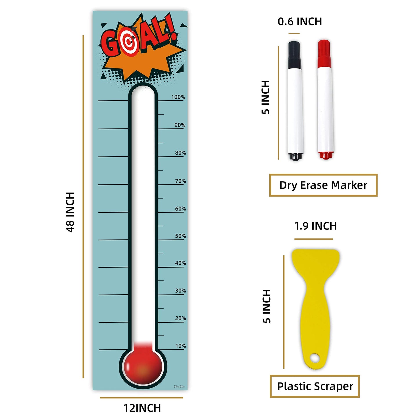 Goal Thermometer Chart Goal Tracker - 48"x12" Adhesive Dry Erase Fundraising Thermometer Sticker