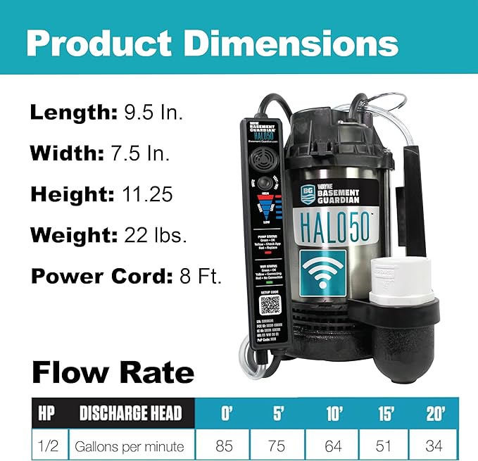 WAYNE HALO50 Smart Sump Pump – ½ HP Stainless Steel Basement Protection Pump, Up to 5,100 GPH – Digitally Connected Flood Protection with App Monitoring – Quiet Operation