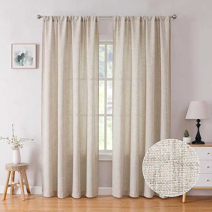 Tollpiz Linen Curtains Living Room Rod Pocket Semi Sheer Curtain Burlap Light Filtering Thick Linen Drapes for Bedroom, 54 x 95 inches Long, Natural, Set of 2 Panels