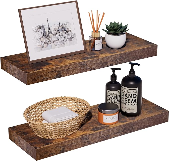 Rustic Brown Floating Shelves for Wall，24in Wall Mounted Display Ledge Shelves