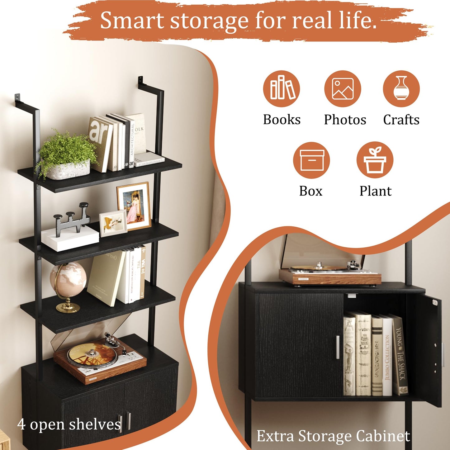 Yusong 73" Tall Bookshelf with Cabinet, Industrial Ladder Wall Mount Shelf Bookcase with Wood and Metal Frame, Plant Shelf Wall Storage Display for Living Room Bedroom, Black Wood Grain