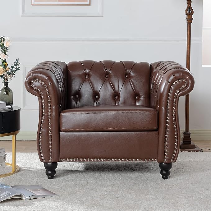 LEVNARY Leather Chesterfield Chair, Mid-Century Modern Single Sofa Chair