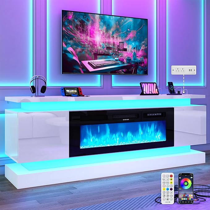 chartustriable 71IN LED TV Stands w/40 inch Fireplace Power Outlet
