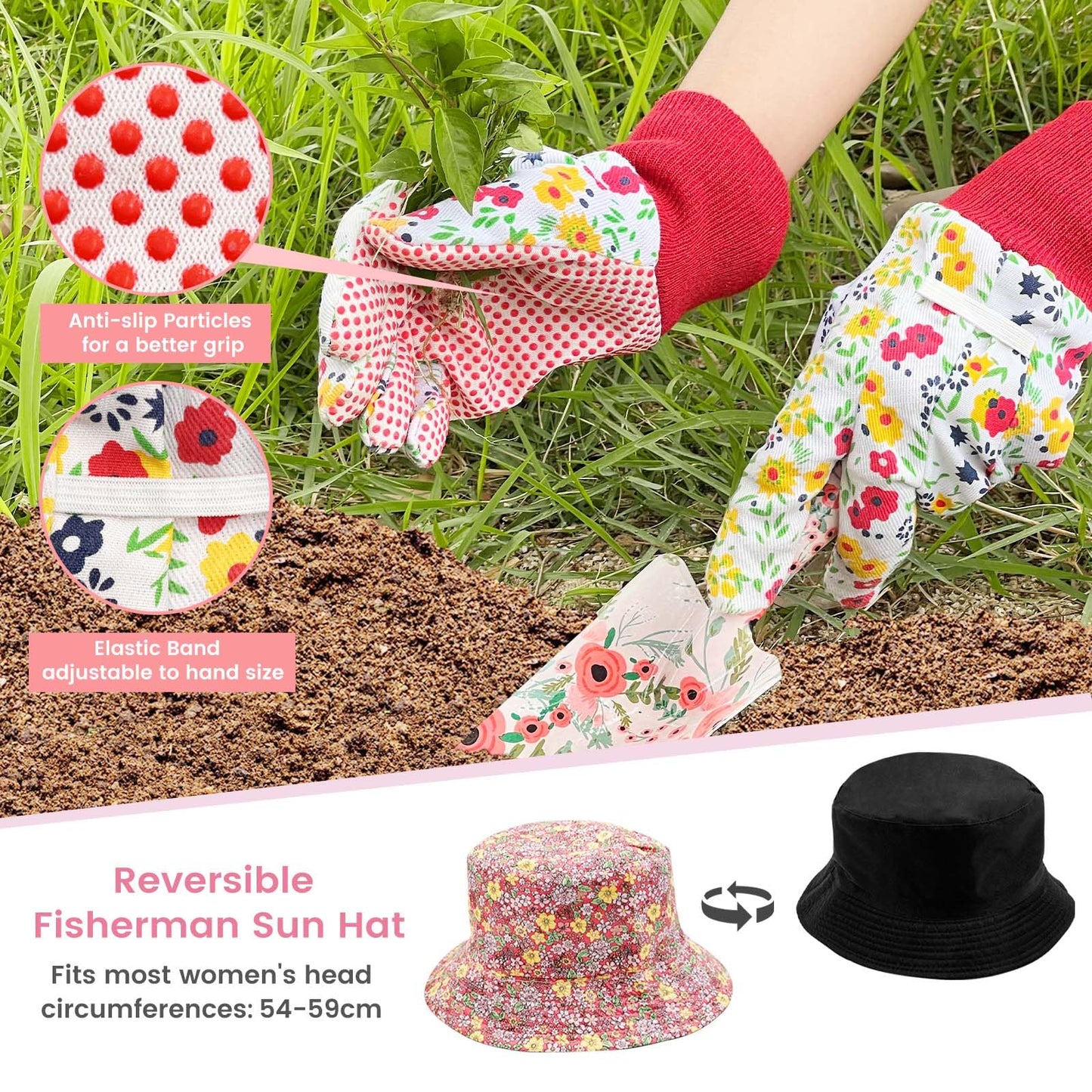 SNAIL GARDEN 6Pcs Garden Tools with Reversible Fisherman Sun Hat & Storage Bag,Gardening Hand Tools, Durable Rust-Proof Gardening Supplies, Garden Kit for Women Female Gardeners