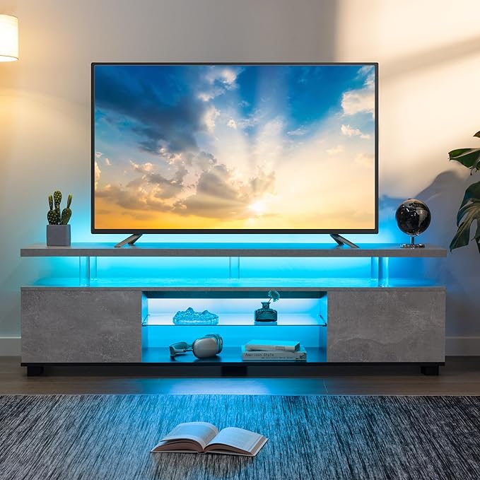 Cubehom Grey TV Stands for Living Room, Glass TV Stand, LED TV Stand for 75+