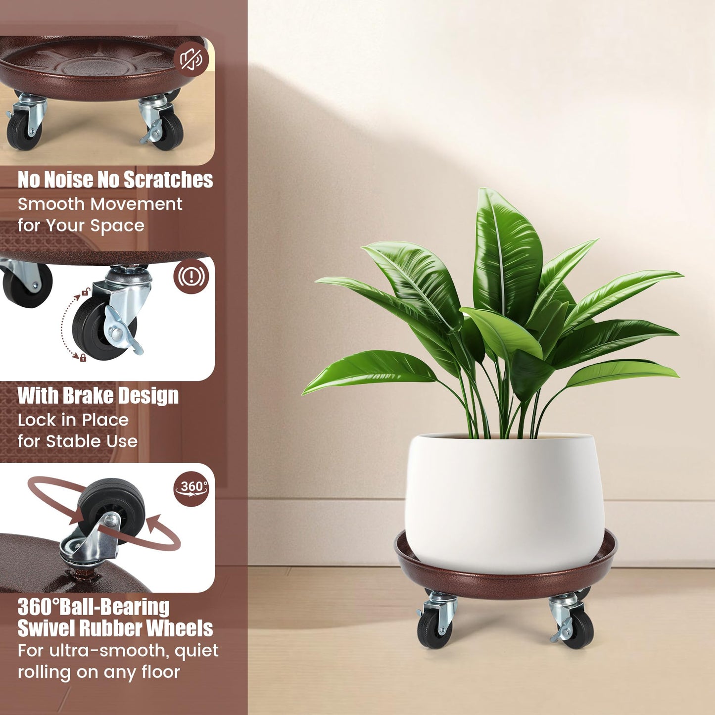 OBMMIRAO 10 Inch Plant Caddy with Wheels Heavy Duty, 240 lbs Capacity, 4 Swivel Casters (2 Locking), Steel Rolling Plant Stand, High-Strength Rust-Proof Steel