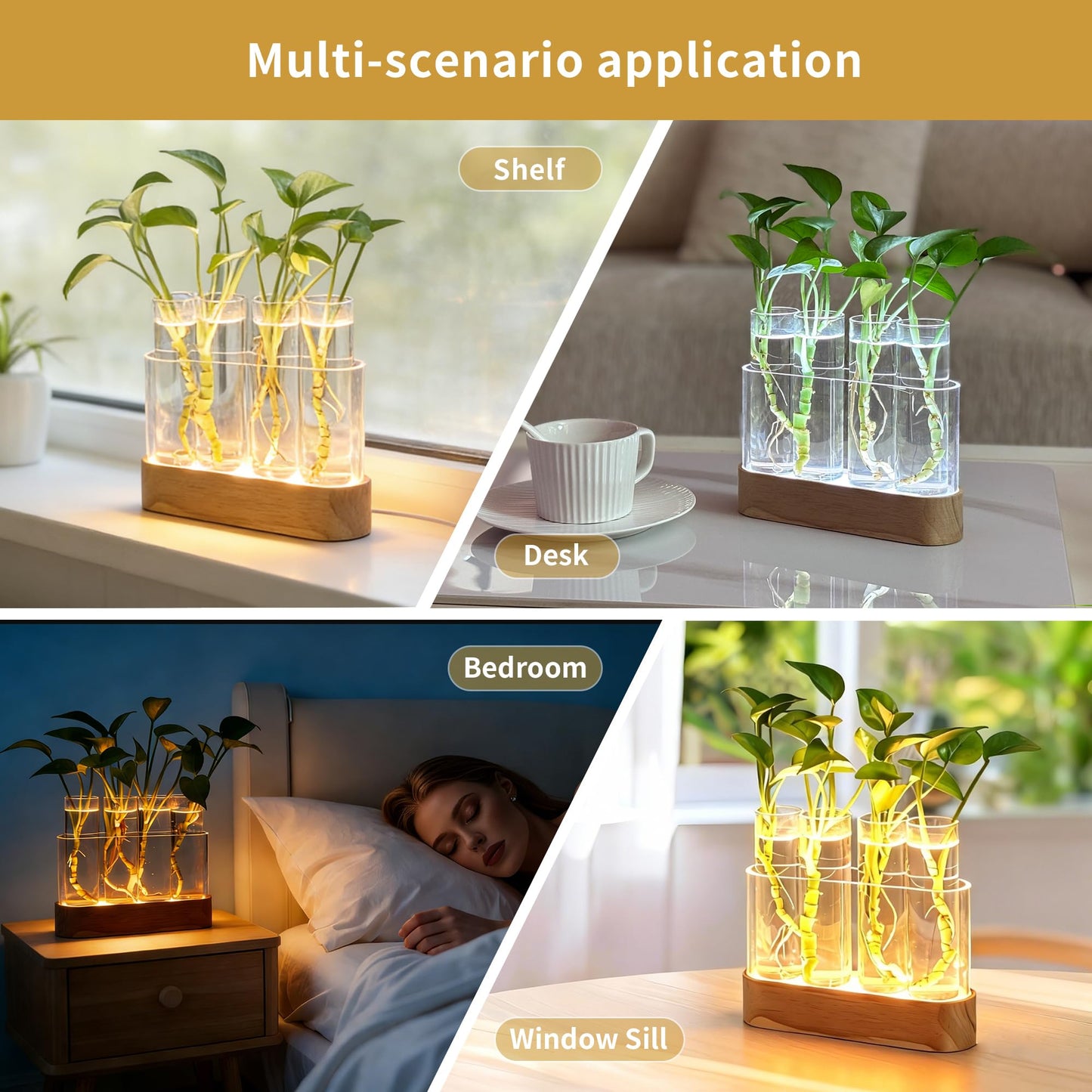 Plant Propagation Station with LED Lights, 4 Glass Test Tubes, Oak Stand, 3 Lighting Modes 9-Level Dimming, Rear USB-C Hidden, for Window Sill Desk Shelf, Gift for Plant Lovers