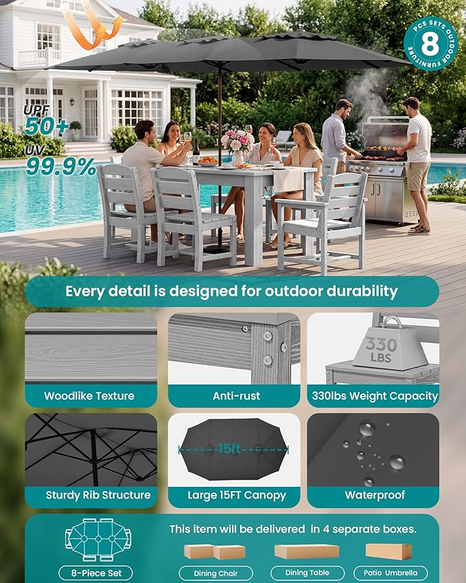 SERWALL Patio Dining Set with 15FT Double Side Umbrella, Outdoor Dining Sets