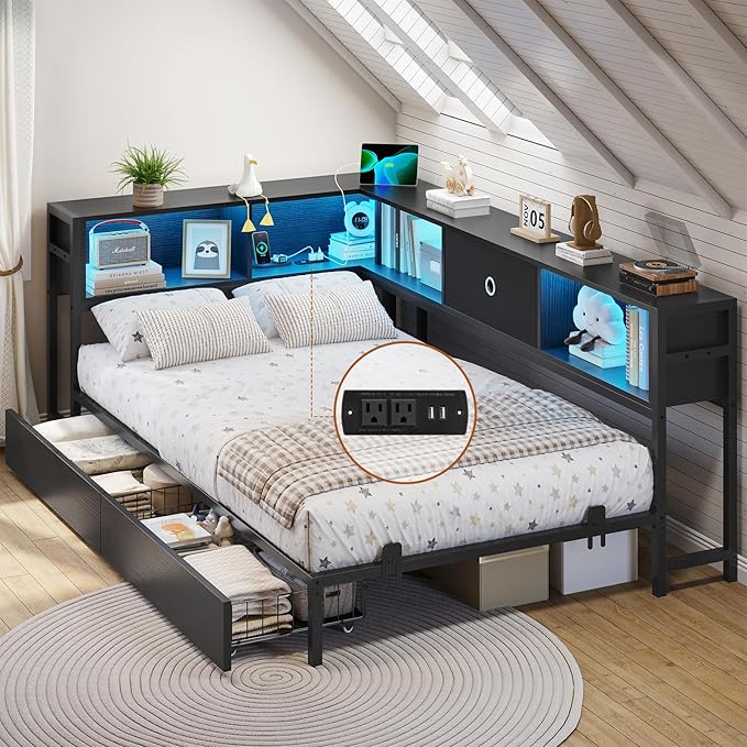 DICTAC Corner Bed Frame with 2 Storage Drawers and Bookcase Headboard Twin XL