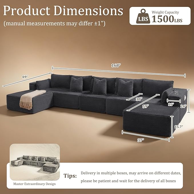168" Cloud Sectional Couch, Comfort U Shaped Sofa