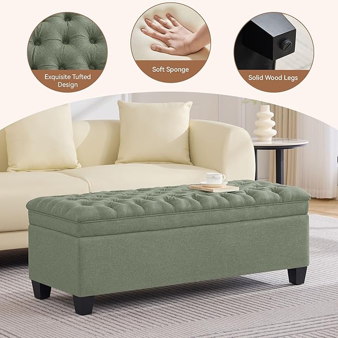 WUTUTUEE 50" Fabric Storage Ottoman Bench, Upholstered Rectangle End of Bed