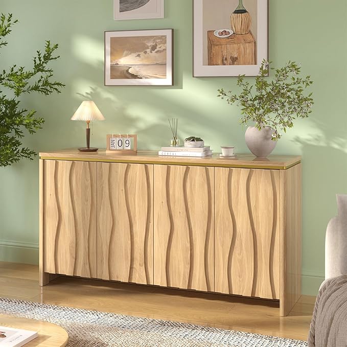 Fluted Cabinet with 3D Ripple Doors, 57.9" W Storage Cabinet with Adjustable