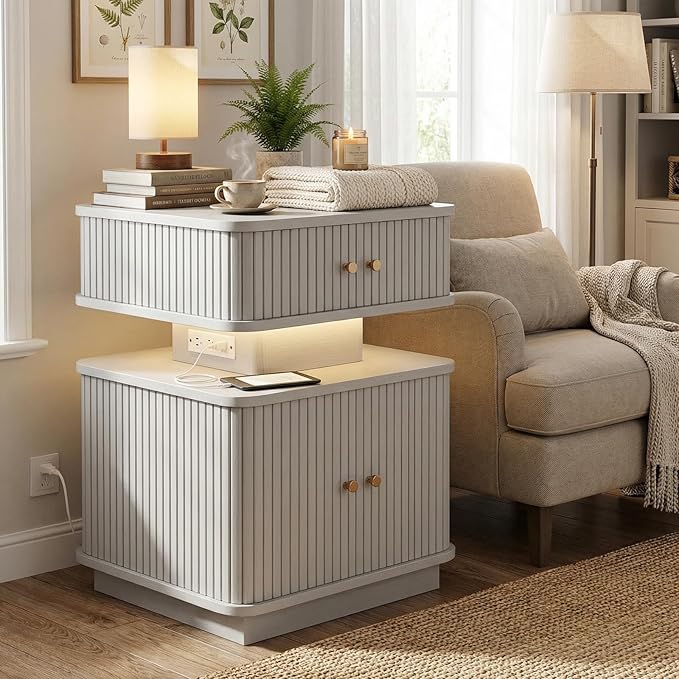 Nightstands Set of 2 with Charging Station, Modern Night Stands Set 2 with