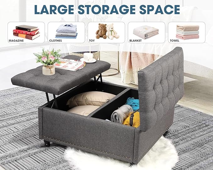 36" Large Square Ottoman with Storage, Tufted Upholstered Storage Ottoman with