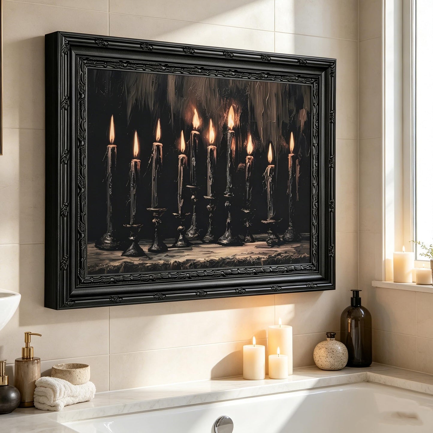 Framed Halloween Candle Canvas Wall Art,Dark Moody Painting Picture Wall Decor,Gothic Poster Print Art,for Bathroom Living Room Gallery Home Decoration 9x11in