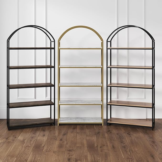 Nathan James Haven Etagere Bookshelf, 5-Shelf Bookcase in Nutmeg Wood and Black