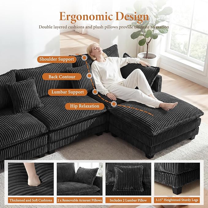 Vesgantti 109" U Shaped Cloud Sectional Sofa, Comfy Corduroy Upholstered