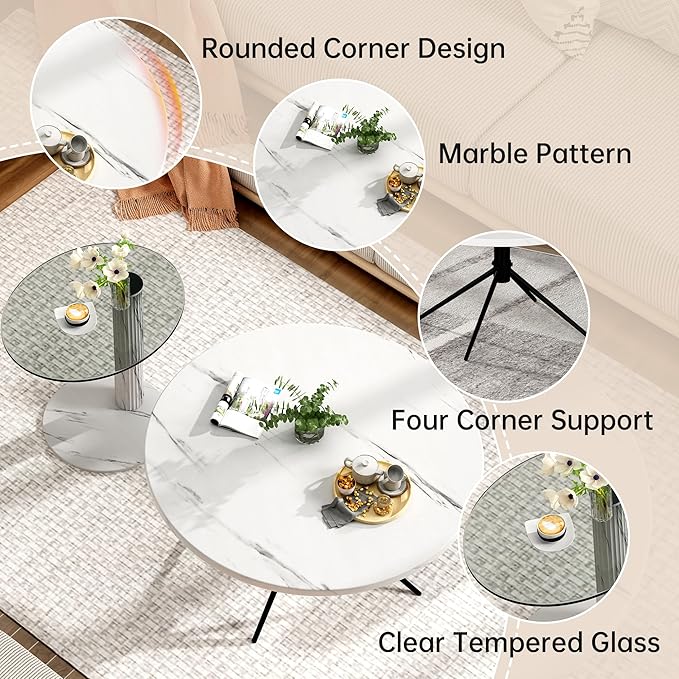 Hooseng Set of 2 Round Coffee Tables, Faux Marble Top and Modern Tempered