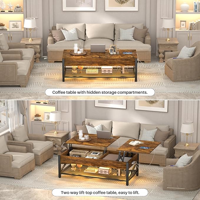 Aheaplus Coffee Table with LED Light and Power Outlet, Modern Lift-Top Center