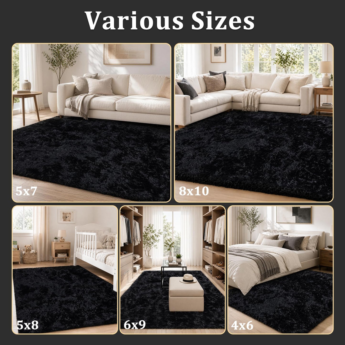 Tosuoka 5x7 Area Rugs for Living Room Bedroom, Ultra Soft Fluffy Rug Shag Thick Black Rug, Non-Slip Non-Shedding High Pile Plush Fuzzy Rugs Carpet for Nursery Kids Room Dorm