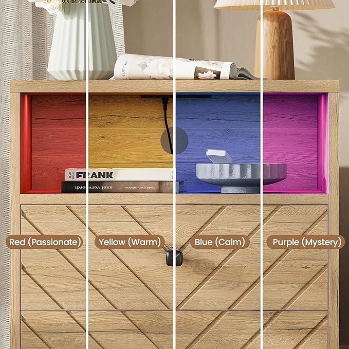 Modern Nightstand with Charging Station, LED Bedside Table with 2 Storage