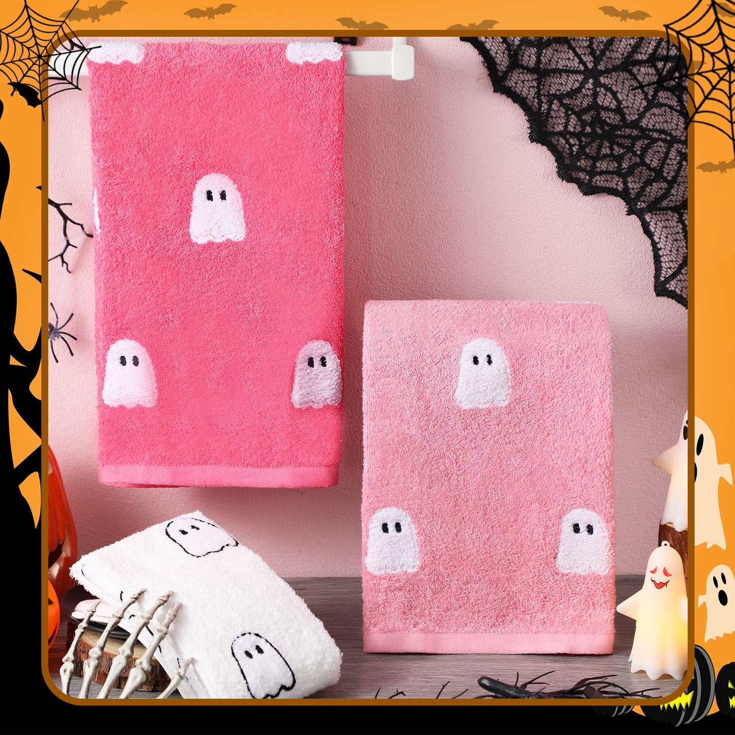 Oudain 3 Pcs Pink Ghost Hand Towels for Bathroom 100% Cotton Pink Halloween Embroidered Decorative Towels Cute Kitchen Gifts for Halloween Bath Shower Decors Housewarming 13.7 x 29.5 Inch