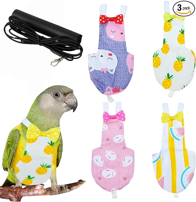 2Pcs Bird Diapers Bird Harness Flight Suits Diapers with 80 Inch Flying Leash Parrot Nappy Washable Cute Urine Wet Suit for Cockatiel Conure Macaw Budgies Parakeet-Rabbit&Pineapple,S
